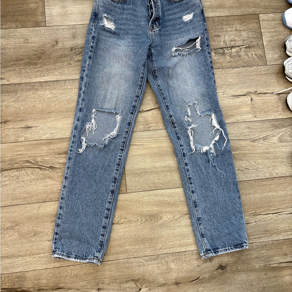 PacSun Blue Straight Leg Jeans with Distressed Details